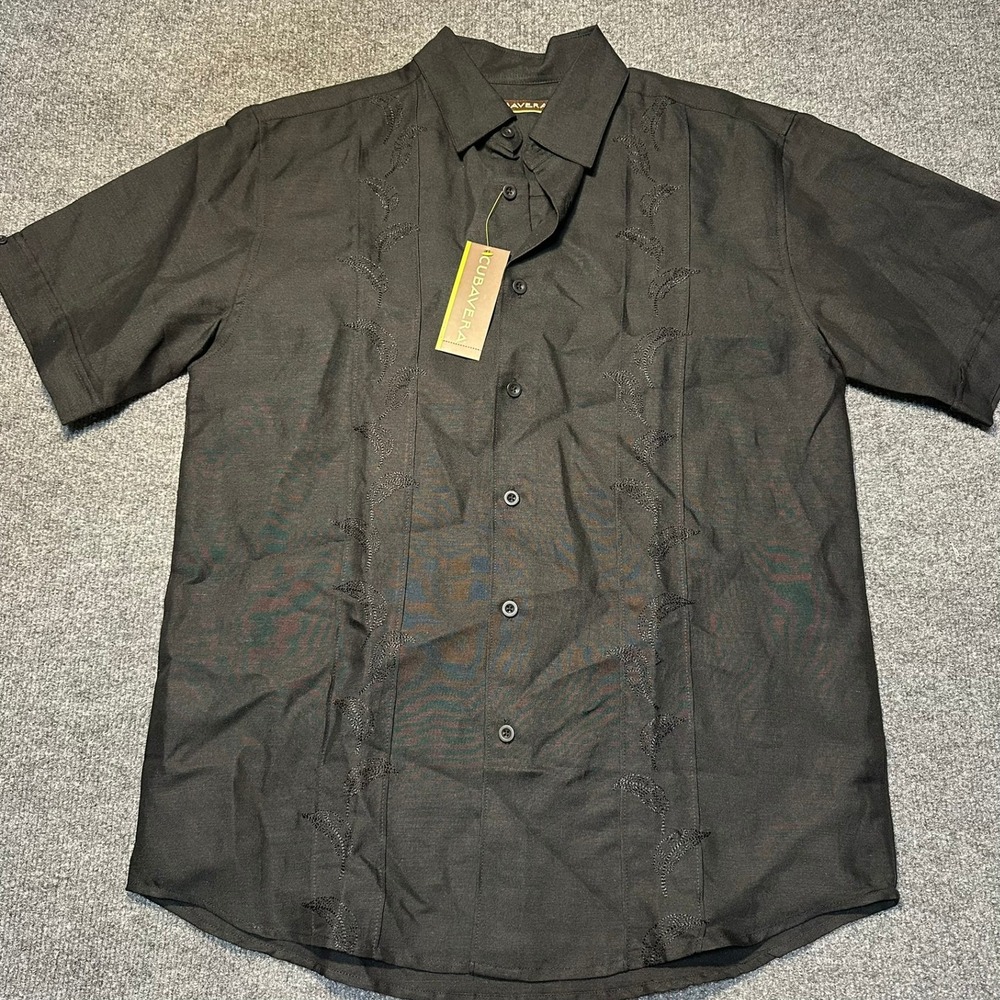 Cubavera Mens Jet Black Embroidered Guayabera Short Sleeve Button Down Shirt M